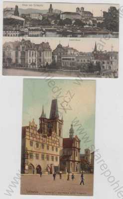  - 2x Litoměřice (Leitmeritz), náměstí, radnice, řeka, parník, kostel, částečný záběr města, kolorovaná