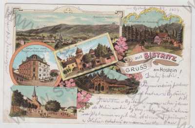  - Bystřice pod Hostýnem (Bistritz am Hostein) - Kroměříž, více záběrů, celkový pohled, škola, náměstí, kostel, zámek, park, kolorovaná, koláž, DA