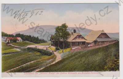  - Beskydy - Bílý Kříž - útulna, razítko poštovna Schutzhaus Weisses Kreuz, kolorovaná