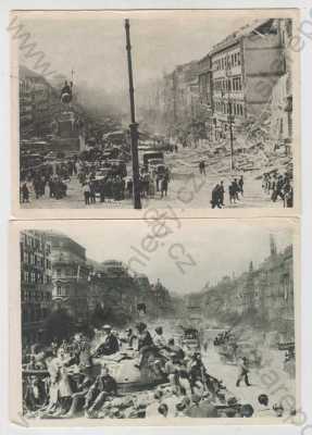  - 2x Václavské náměstí (Praha 1), osvobození, tank, voják, uniforma, automobil