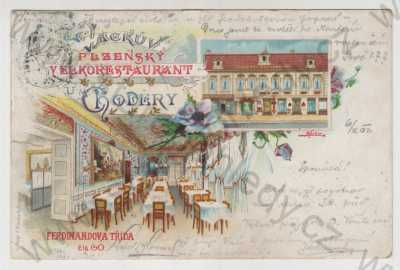  - Plzeň, Ferdinandova třída, barevná, více záběrů, restaurace, jídelna, DA