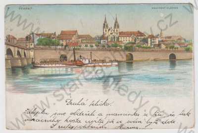  - Emauzský klášter (Praha 2), barevná, celkový pohled, řeka, parník, DA