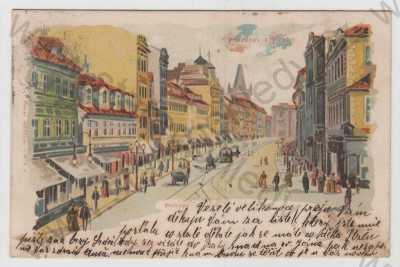  - Příkopy (Praha 1), barevná, pohled ulicí, tramvaj, kůň, koňský povoz, DA