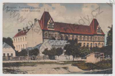  - Berehovo (Beregszász), Podkarpatská Rus, barevná, státní reálné gymnasium, celkový pohled