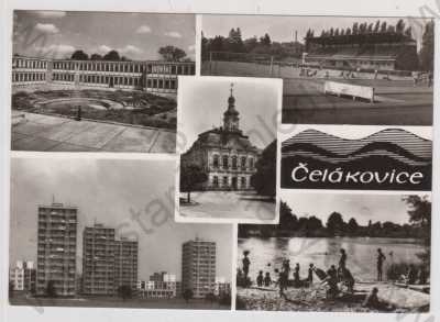  - Čelákovice (Praha - východ), více záběrů, škola, stadion, radnice, sídliště, koupaliště