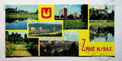  - Zruč nad Sázavou - celkový pohled, řeka, sídliště, park, koláž, barevná, více záběrů, formát DL, Orbis