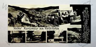  - Velké Karlovice - celkový pohled, muzikanti, rybník, muzeum, kostel, Jezerné, hotel Vsacan, koláž, více záběrů, formát DL