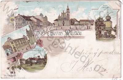  - Heřmanův Městec - náměstí, zvonice, škola, zámek, litografie, DA, koláž, kolorovaná
