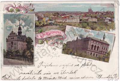  - Chrudim - celkový pohled, muzeum, pedagogický ústav, litografie, DA, koláž, kolorovaná