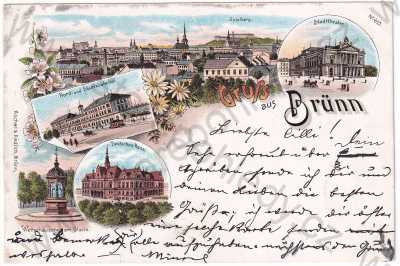  - Brno - celkový pohled, divadlo, nádraží, více záběrů, litografie, DA, koláž, kolorovaná