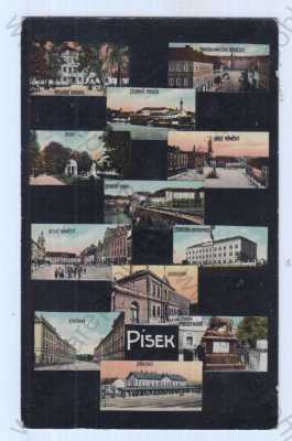  - Písek, barevná, více záběrů, celkový pohled, městské divadlo, park, Velké náměstí, kasárny, nádraží, pohled z Malého náměstí, Malé náměstí, Kamenný most, lesnický internát, sokolovna, pomník padlých vojínů