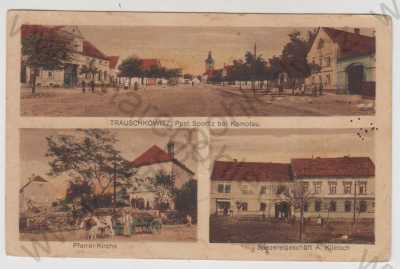  - Droužkovice (Trauschkowitz) - Chomutov, více záběrů, náměstí, kostel, fara, kráva, povoz, obchod, kolorovaná