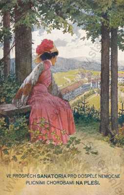  - Pleš, Příbram, sanatorium, kresba, barevná, žena, nadační