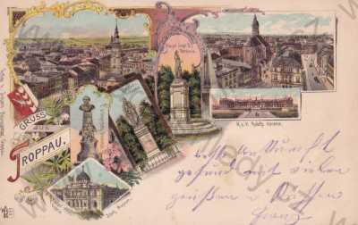  - Opava Troppau, náměstí, divadlo, muzeum, kasárna, pomníky, DA, barevná, celkový pohled