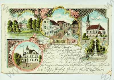  - Polsko - Lesnica - koláž (evangelický kostel, pohled ulicí, pošta, zámek, památník), kolorovaná, DA
