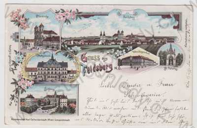  - Valtice (Feldsberg) - Břeclav, více záběrů, celkový pohled, kostel, zámek, škola, kaple, kolorovaná, koláž, DA