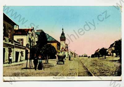  - Napajedla - náměstí, pohled ulicí, kolorovaná, zlacená