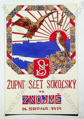  - Znojmo - Župní slet sokolský, 24. srpna 1919, sokol, znak, kolorovaná