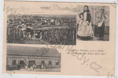  - Mutěnice (Hodonín), více záběrů, celkový pohled, hostinec, žena, muž, kroj