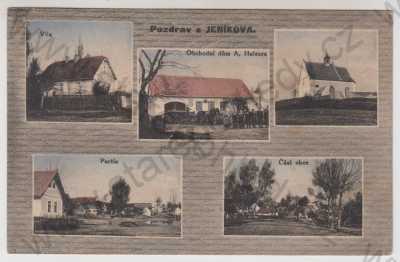  - Jeníkov (Chrudim), více záběrů, vila, obchod, kostel, partie, část obce, kolorovaná