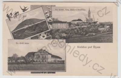  - Krabčice pod Řípem (Litoměřice), více záběrů, Říp, dívčí ústav, kostel, fara, škola, sirotčinec, koláž