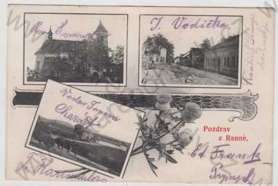  - Raná (Louny), více záběrů, kostel, pohled ulicí, část města, koláž