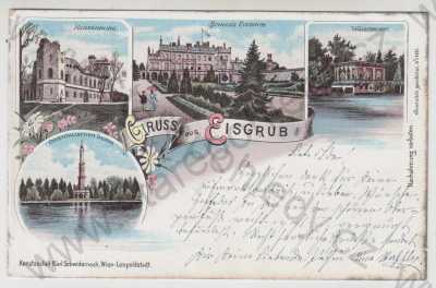  - Lednice (Eisgrub) - Břeclav, více záběrů, Hansenburg, zámek, věž, kolorovaná, koláž, DA