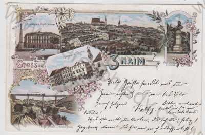  - Znojmo (Znaim), více záběrů, celkový pohled, škola, železniční most, radnice, pomník, kolorovaná, koláž, litografie, DA