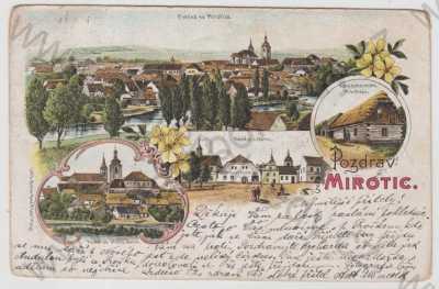  - Mirotice (Písek), více záběrů, celkový pohled, kostel, náměstí, radnice, Mikoláš Aleš, rodný dům, rodiště, kolorovaná, koláž, litografie, DA
