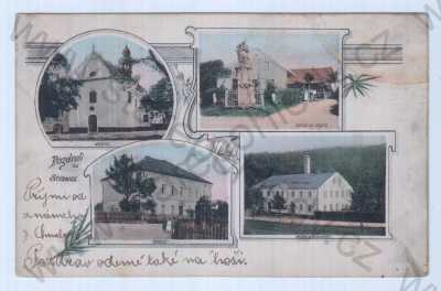  - Studnice (Náchod), barevná, více záběrů, kostel, socha sv. Josefa, škola, mlýn