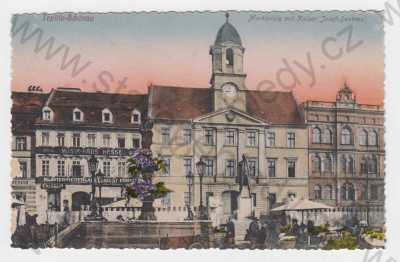  - Teplice- Šanov (Teplitz- Schönau), barevná, náměstí, trh, kašna, socha, hodiny, lucerna