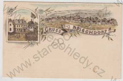  - Rusová (Reichsdorf) - Chomutov, více záběrů, celkový pohled, pošta, zaniklá, kolorovaná, koláž, DA
