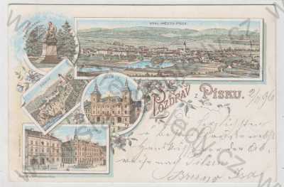  - Písek, více záběrů, celkový pohled, Pomník Fr. Palackého, Zvíkov, radnice, hotel, záložna, kolorovaná, koláž, DA