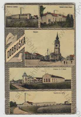  - Dobruška (Rychnov nad Kněžnou), více záběrů,  tkalcovna, úpravna, náměstí, strojírna, továrna, kolorovaná, koláž