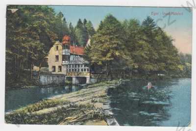  - Mlýnek- Insel Mühlerl, Cheb (Eger), barevná, restaurace, řeka, loď