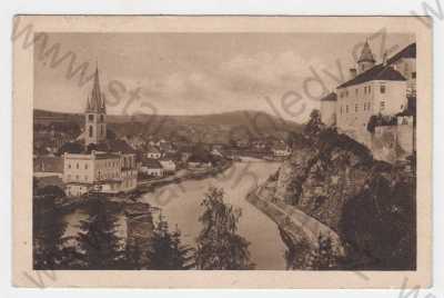  - Ledeč nad Sázavou (Havlíčkův Brod), částečný záběr města, pohled na město z výšky, hrad, řeka