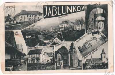  - Jablunkov - škola, Na Bělé, celkový pohled, soud, staré podloubí, sanatorium, kostel, radnice, koláž