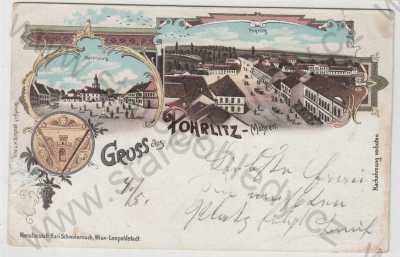  - Pohořelice (Pohrlitz) - Břeclav, více záběrů, náměstí, část města, znak, erb, kolorovaná, koláž, litografie, DA