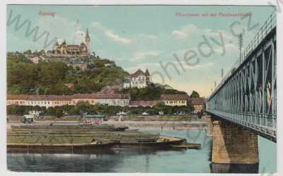  - Ústí nad Labem (Aussig), řeka, most, loď, Větruše, část města, kolorovaná