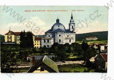  - Křtiny, Blansko, částečný záběr města, kostel