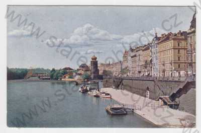  - Riegrovo nábřeží (Praha 1), kolorovaná, řeka, loď, most