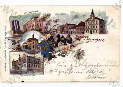  - Benešov, koláž, více záběrů, náměstí, kostel, škola, nemocnice, DA
