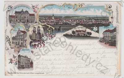  - Planá (Plan) - Tachov, více záběrů, celkový pohled, hotel, radnice, zámek, žena, kroj, kolorovaná, koláž, DA