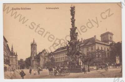  - Teplice-Šanov (Teplitz-Schönau), zámecké náměstí, morový sloup, kůň, kočár