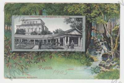  - Teplice (Teplitz), barevná, více záběrů, kolonáda u divadla, les, kameny, potok, DA
