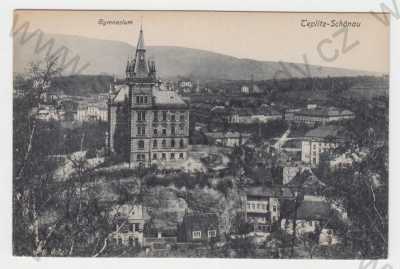  - Teplice-Šanov (Teplitz-Schönau), částečný záběr města, pohled na město z výšky, gymnázium