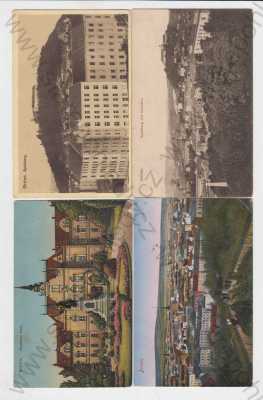  - 4x Brno (Brünn), částečný záběr města, hrad Špilberk, Německý dům, barevná, socha, pomník, celkový pohled, pohled na město z výšky