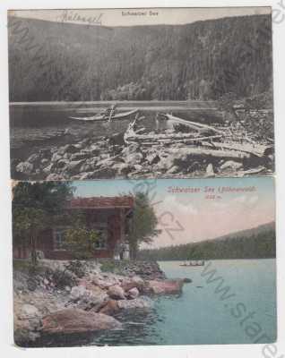  - 2X Černé jezero (Schwarzer See), Klatovy, kamen, loď, muž, barevná, chata, žena, foto J.Seidel