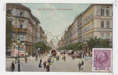  - Praha 2, Vinohrady (Kgl.Weinberge-Havlíčekstrasse), dnes Bělehradská, barevná, pohled ulicí, kůň, bicykl
