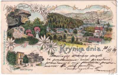  - Polsko - Krynica dnia, celkový pohled, skála, lázně, litografie, DA, koláž, kolorovaná